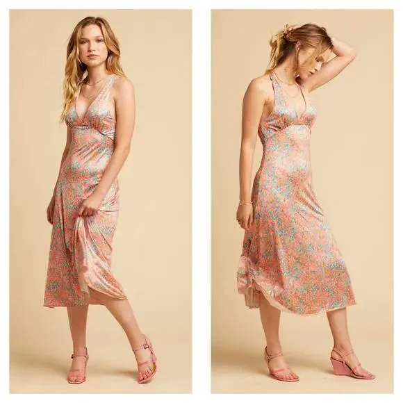 Free People Nowhere To Be Slip Dress Medium Midi Coral Floral Stretch Satin - Picture 2 of 14